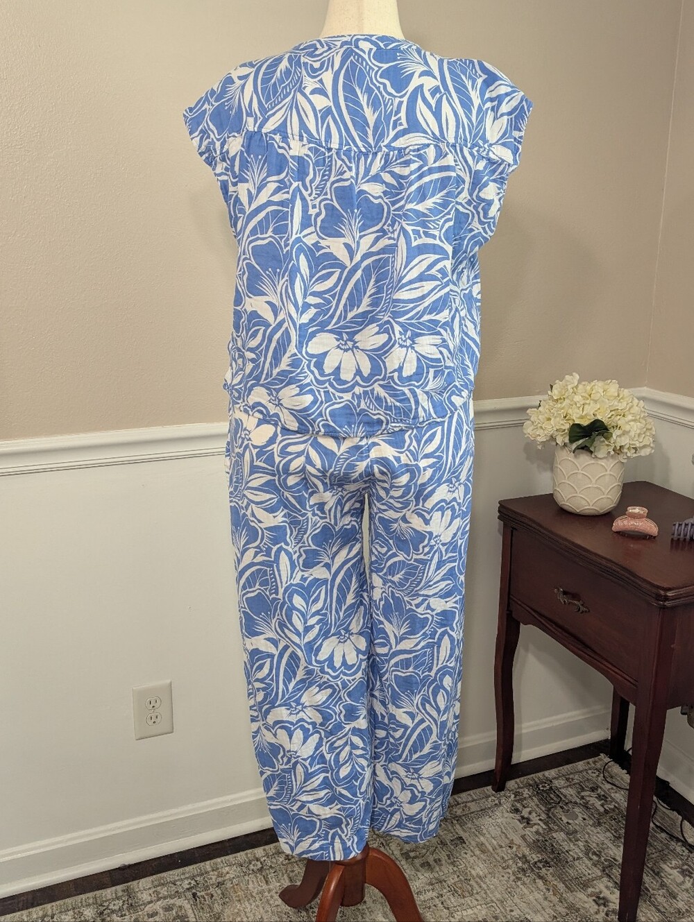 Old Navy Linen Blue And White Matching Set Barrel Leg Sizes M And L - Picture 6 of 11